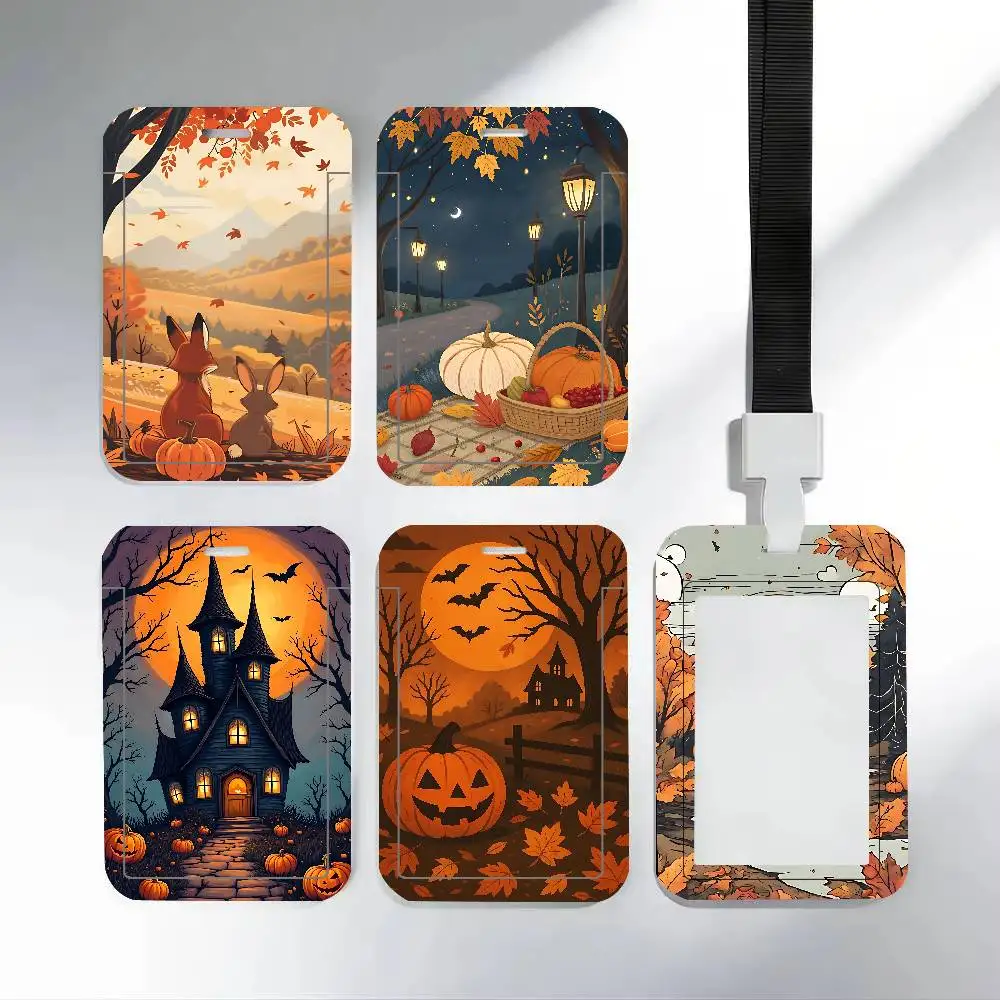 Autumn Pumpkins Halloween ID Badge Holder With Lanyard Neck Strap For Office School Name Card Credentials Case