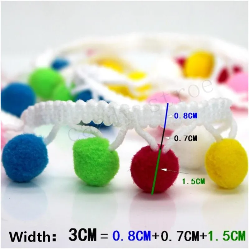 2M*15mm Colorful Pompom Ball Fringe Trim Ribbon for Clothes Sewing Home Party Wedding Decoration Lace Ribbon Craft Supply