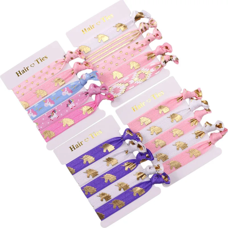 25Pcs Gold Cute Unicorn Print Elastic FOE Hair Ties Rainbow Headband Girl Hair Band Hair Accessories Bracelets Wristbands