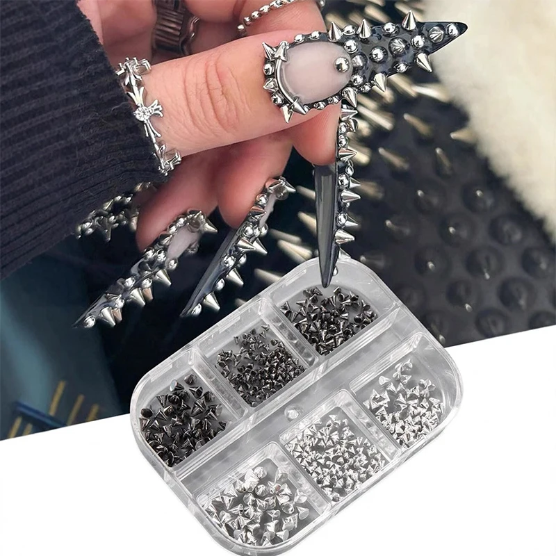 6-Grid Punk Style Nail Art Accessories Gold Silver Rivets Metal Sequins Mix Match DIY Special-Shaped Nail Patches Decorations