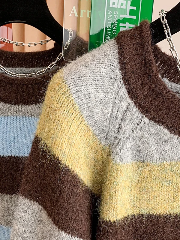 لينة Thiened المرأة سترة الرجعية مخطط اللون بلو محبوك أعلى الخريف الشتاء Faion السيدات كنزة صوفية Crewne #4