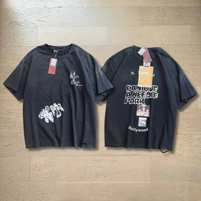 

Винтажная футболка с граффити-принтом и надписями, высококачественная, унисекс, хлопковая, с эффектом потертости и дырками, с биркой, топы-футболки