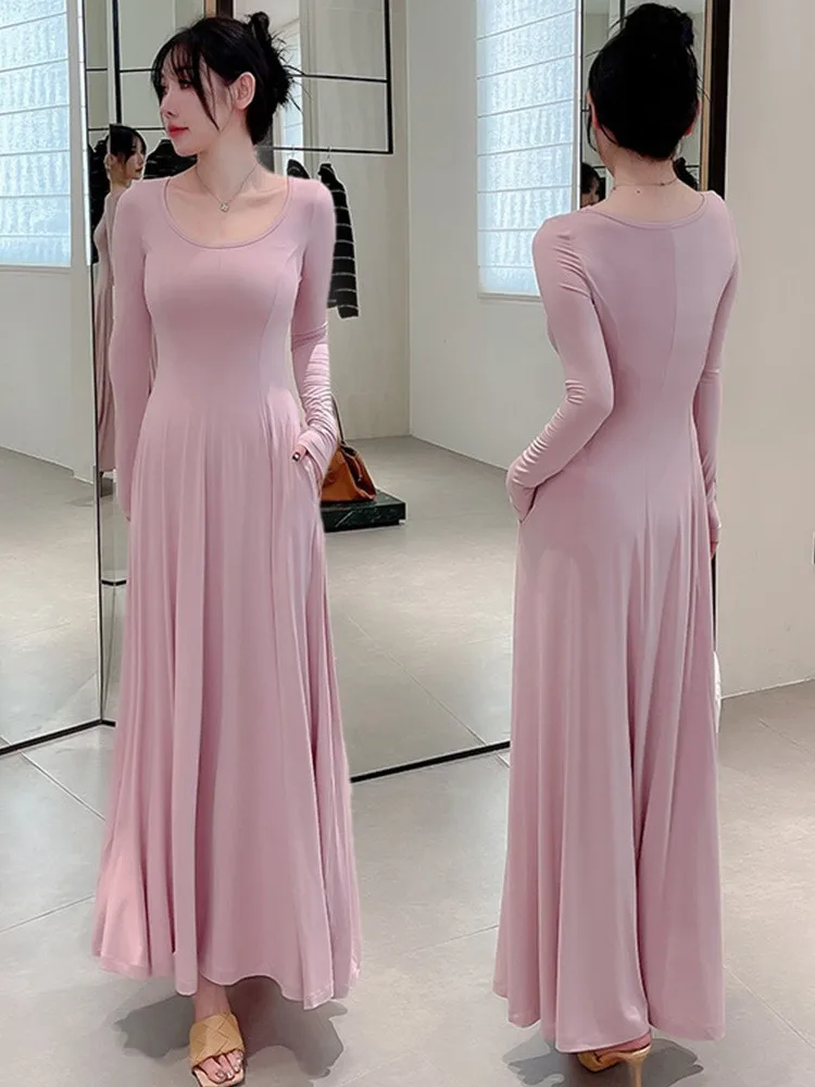 

New Square Collar Elegant Long Dress Spring Autumn Long Sleeve Slim Vestidos Soft Modals Solid Color Simple Casual Women Dress