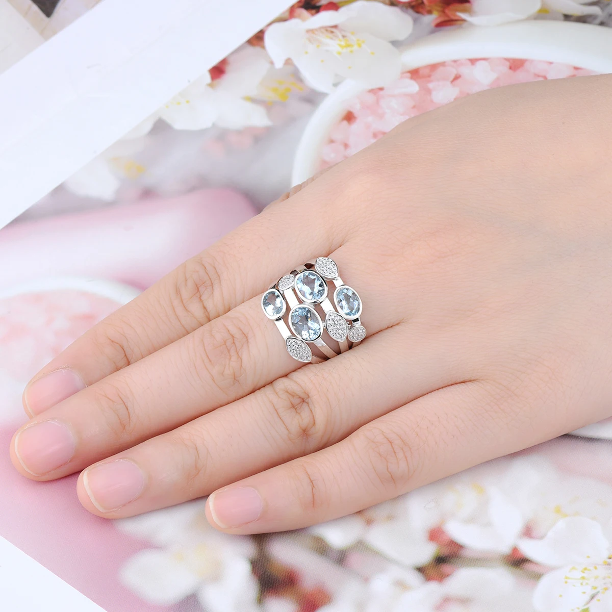 Natural Aquamarine Solid Sterling Silver Rings 2.2 Carats Genuine Light Blue Gemstone Romantic Unique Design S925 Fine Jewelrys view 6