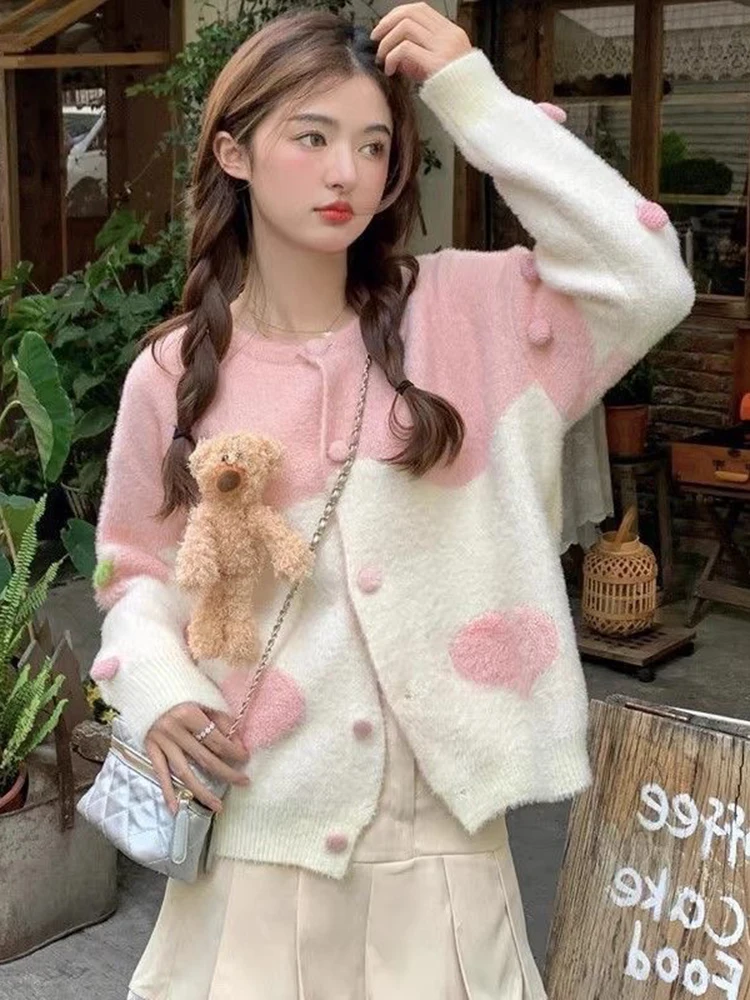 Zoki Cute 3D Bear Cardigan Sweaters Women Love Sweet Kawaii Knitted Jacket Japan Long Sleeve Fashion Lady Faux Mink Cashmere Top