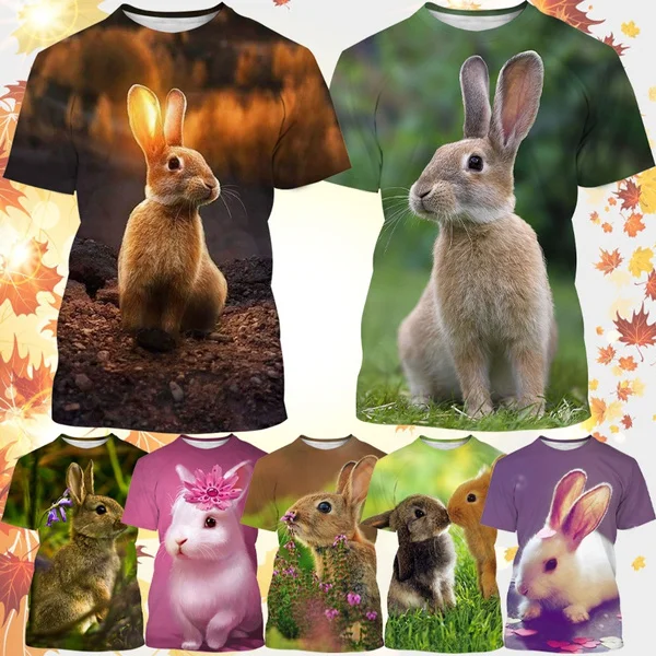 Animal Rabbit 3D Printing Men's Casual T-shirt Cute Rabbit Pattern Summer Unisex Short Sleeve Round Neck Hip Hop T-Shirt