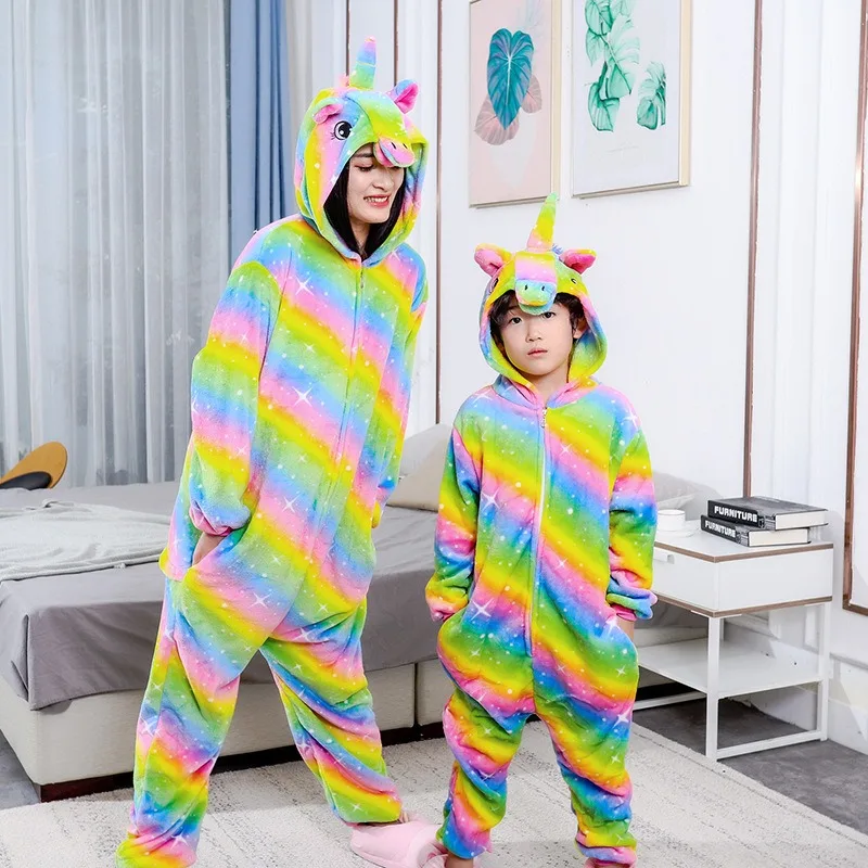 

Fleece Rainbow unicorn Kigurumi Pajama for Kids Winter Homewear Boy Girl Onesie Animal Cosplay Costume Party Jumpsuit Adult Warm