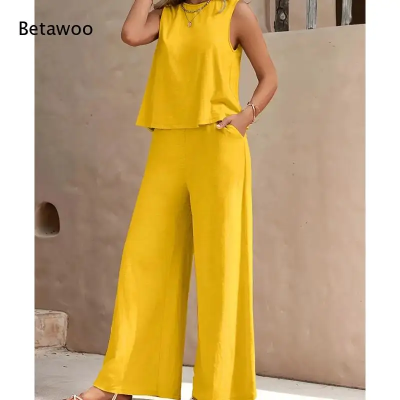 Round Neck Sleeveless Cropped Tank Top High Waist Wide Leg Pants Two Piece Set Lightweight Fabric Side Pocket Solid Casual