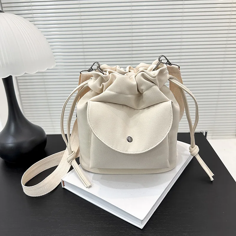 2025 Spring Favorite! Women's Simple Canvas Drawstring Bucket Bag, Wide Strap Crossbody, Stylish & Versatile