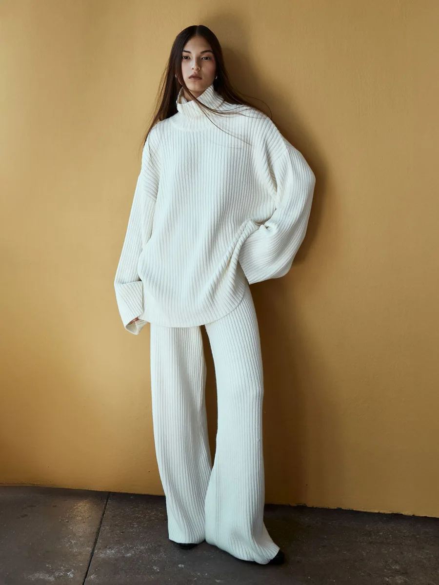 

Blubelle New Women's Ribbed Turtleneck Sweater Wide Leg Pants Set Soft Fabric Loose Autumn Winter Pullover Pants 2-piece Set