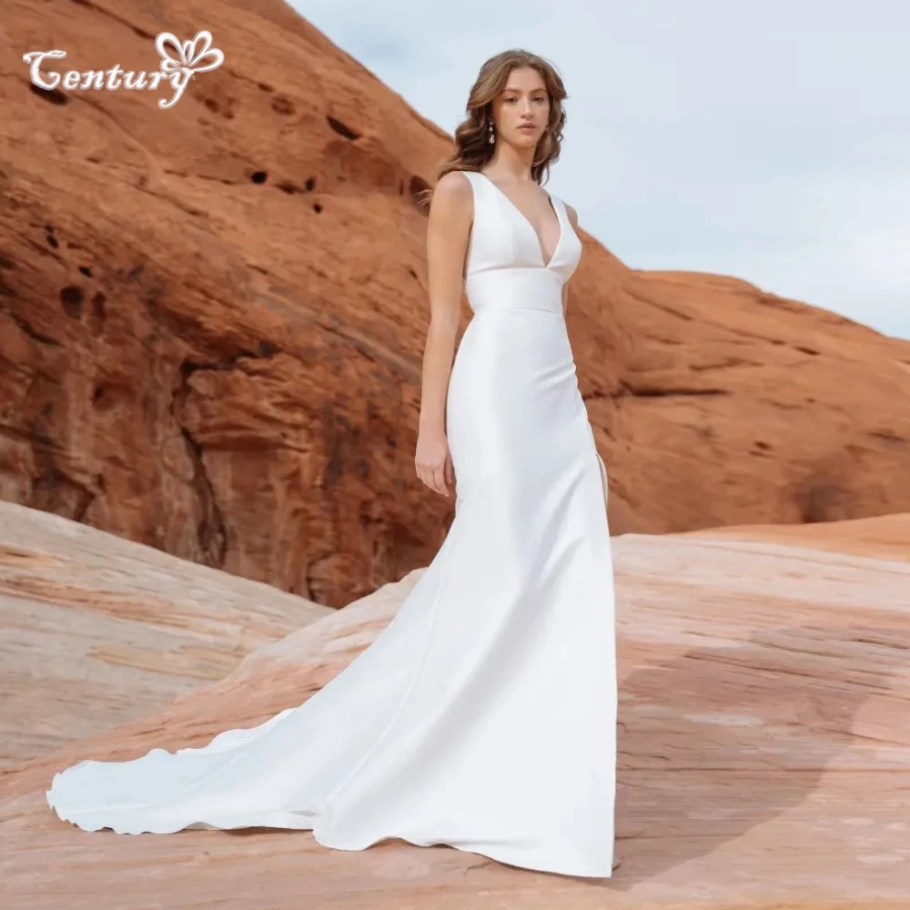 Simples vestidos de casamento sereia com decote em v sem costas fenda lateral sexy cetim vestidos de noiva vestido de recepção de noiva novia personalizado