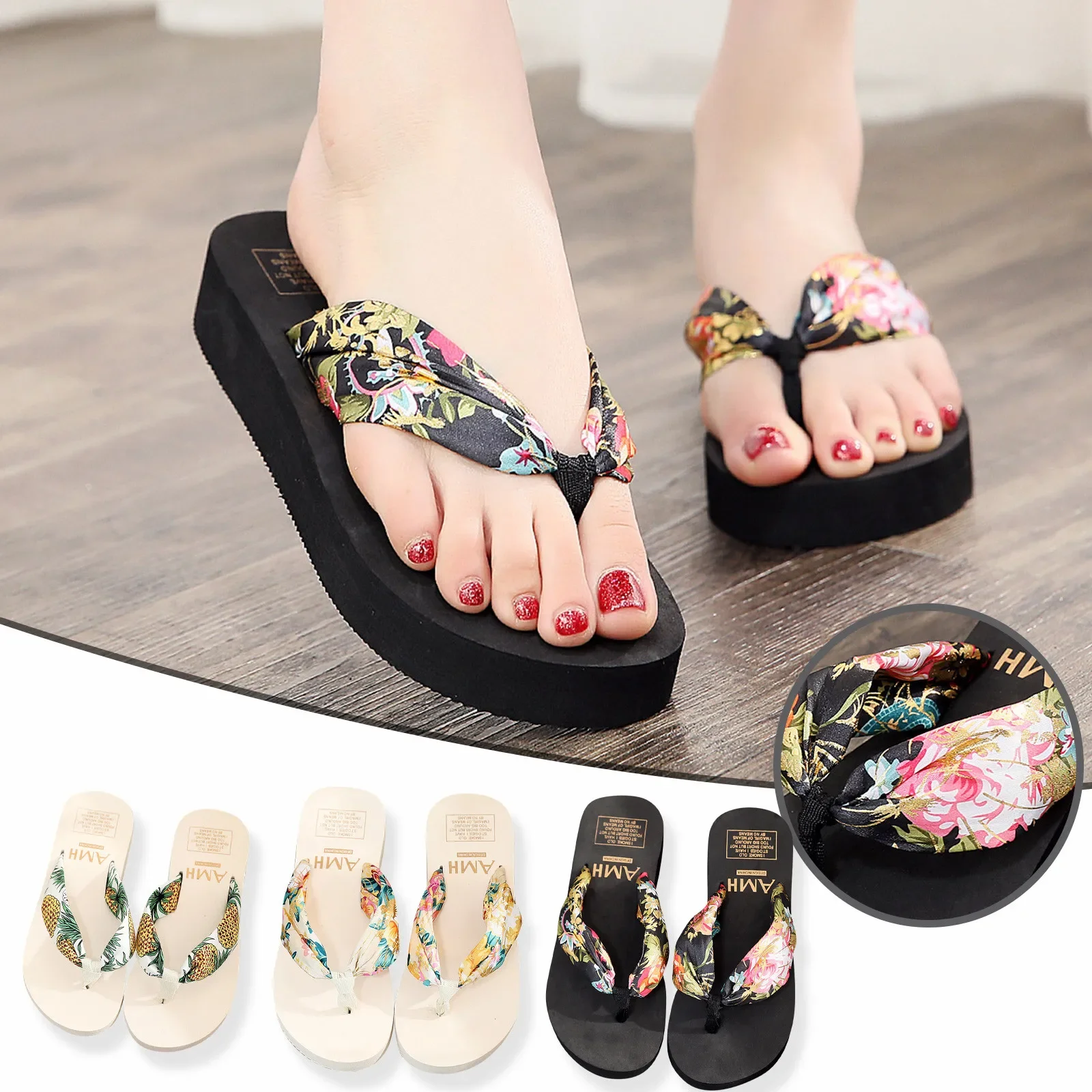 2023 Summer Floral Printing Slippers Women Bohemian Satin Strap Platform Wedge Flip Flops Outdoor Thick Bottom Beach Shoes