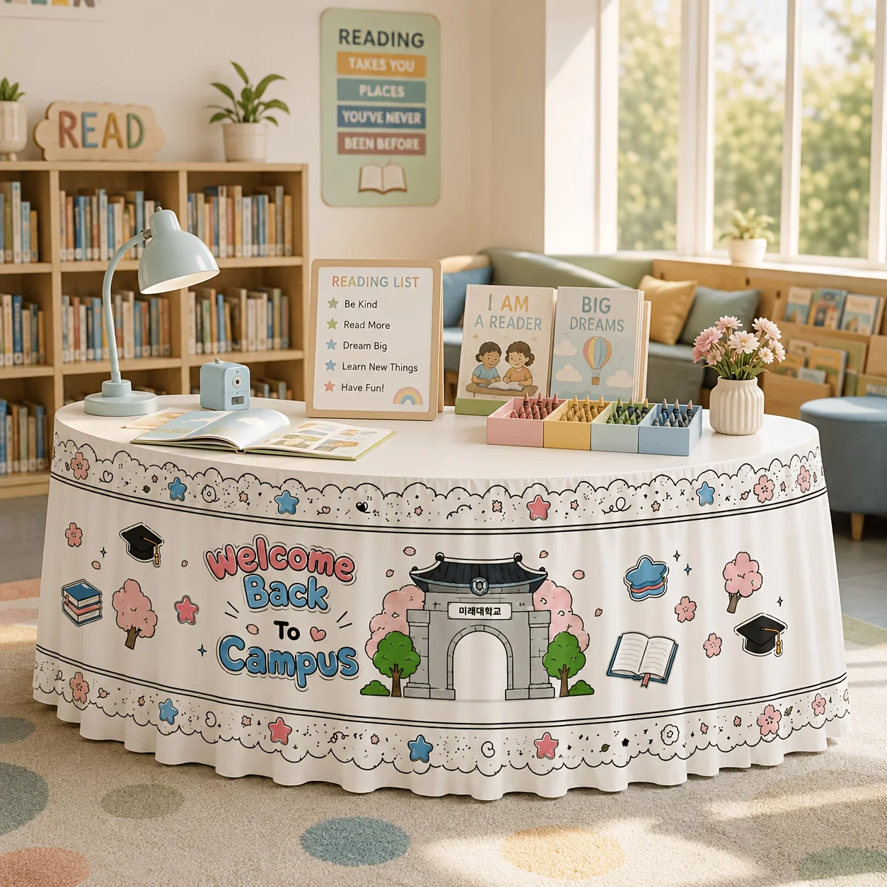 Table skirt 1 piece. Welcome back to school! This is a printed polyester table skirt for the cherry blossom graduation season.