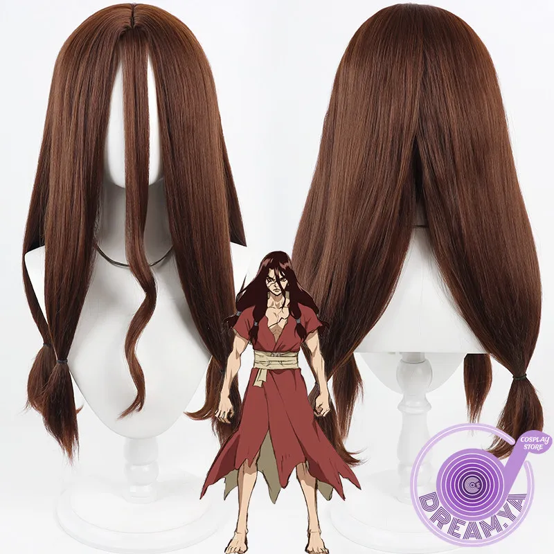 Shishio Tsukasa Cosplay-Perücke, Dr. Stone, braun, langes, hitzebeständiges Kunsthaar, Halloween, Party, Rollenspiel, Karneval + kostenlose Perückenkappe