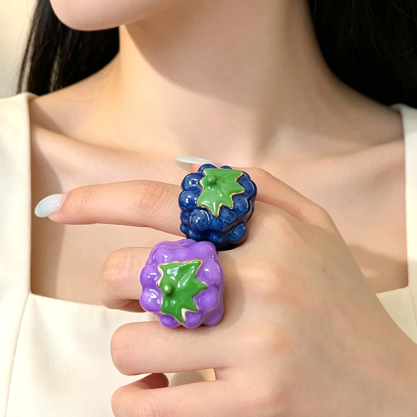 Dopamine Colorful Fruit Ring for Women, 3D Mulberry Grape Shape Glossy Band Ring, Internet Celebrity Sweet Cool Statement Jewelr