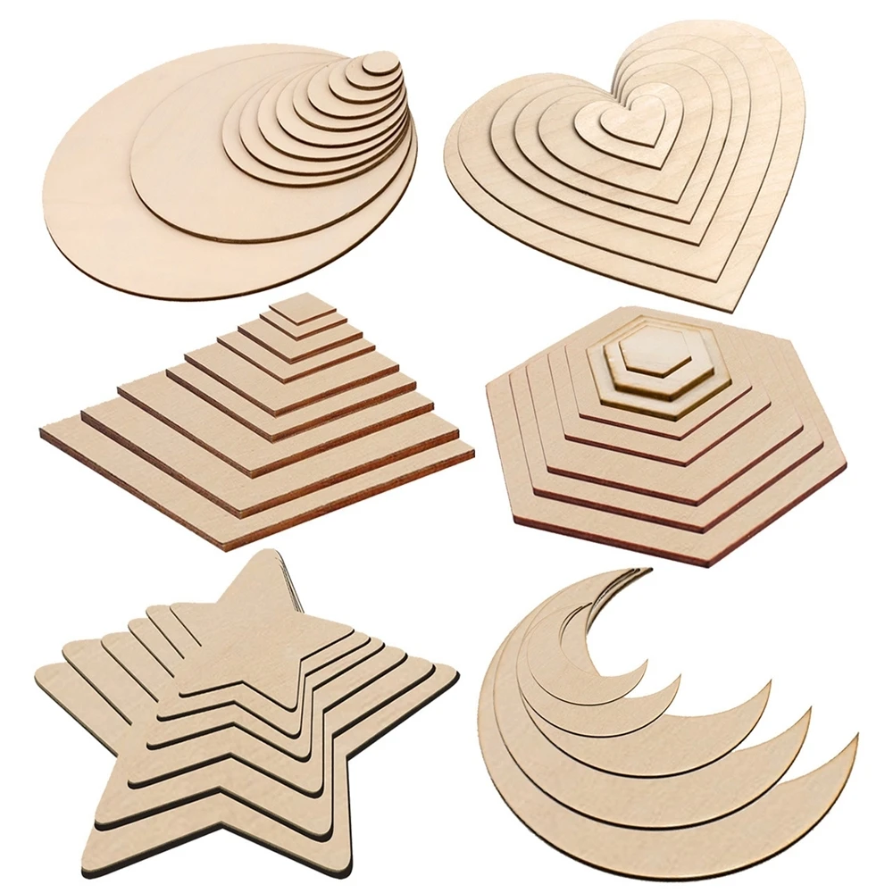 10 Stück Holzstücke in verschiedenen Größen, rechteckig, rund, Herz, Mondform, Holzornament für Heimdekoration, Spielzeug, Geschenke, DIY-Malzubehör