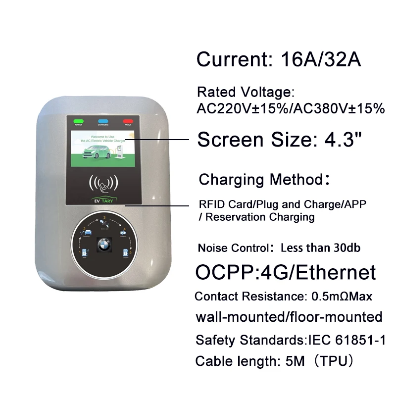 Estación de carga rápida para coche eléctrico, cargador Ac Ev tipo 2, Ocpp, 32a, 16a, Evse, Wallbox, función App, 11kW, 22kW, Ev, nuevo producto