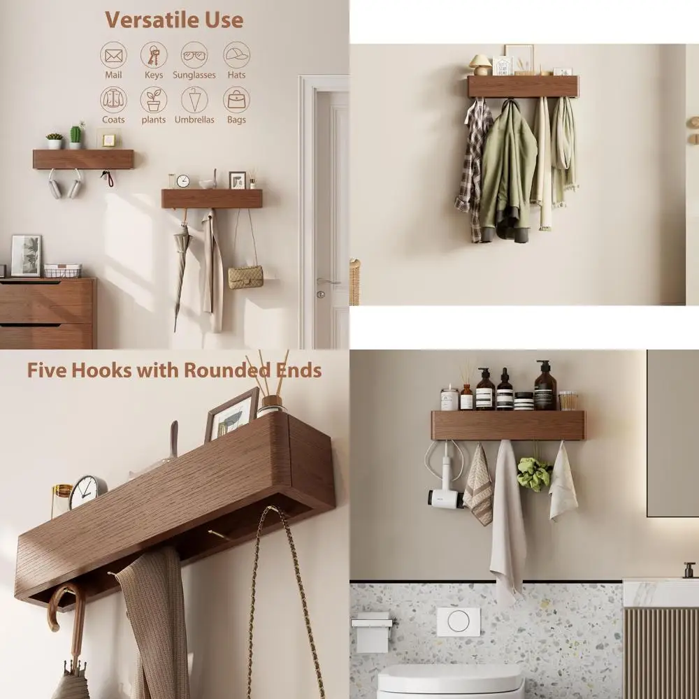 

Modern Wall-Mounted Coat Rack with 5 Hidden Hooks and Shelf, Heavy Duty for Home Entryway, Hallway, and Bedroom Decor