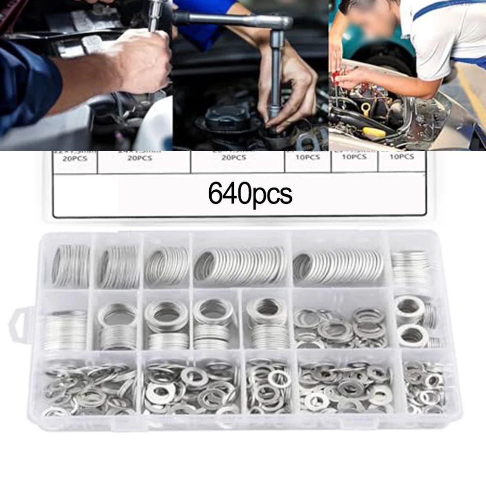 640 قطعة حلقة لإحكام الإغلاق من الألومنيوم تشكيلة متري M6 إلى تصميم مسطح مجموعة ختم استنزاف الزيت للسيارات والبحرية