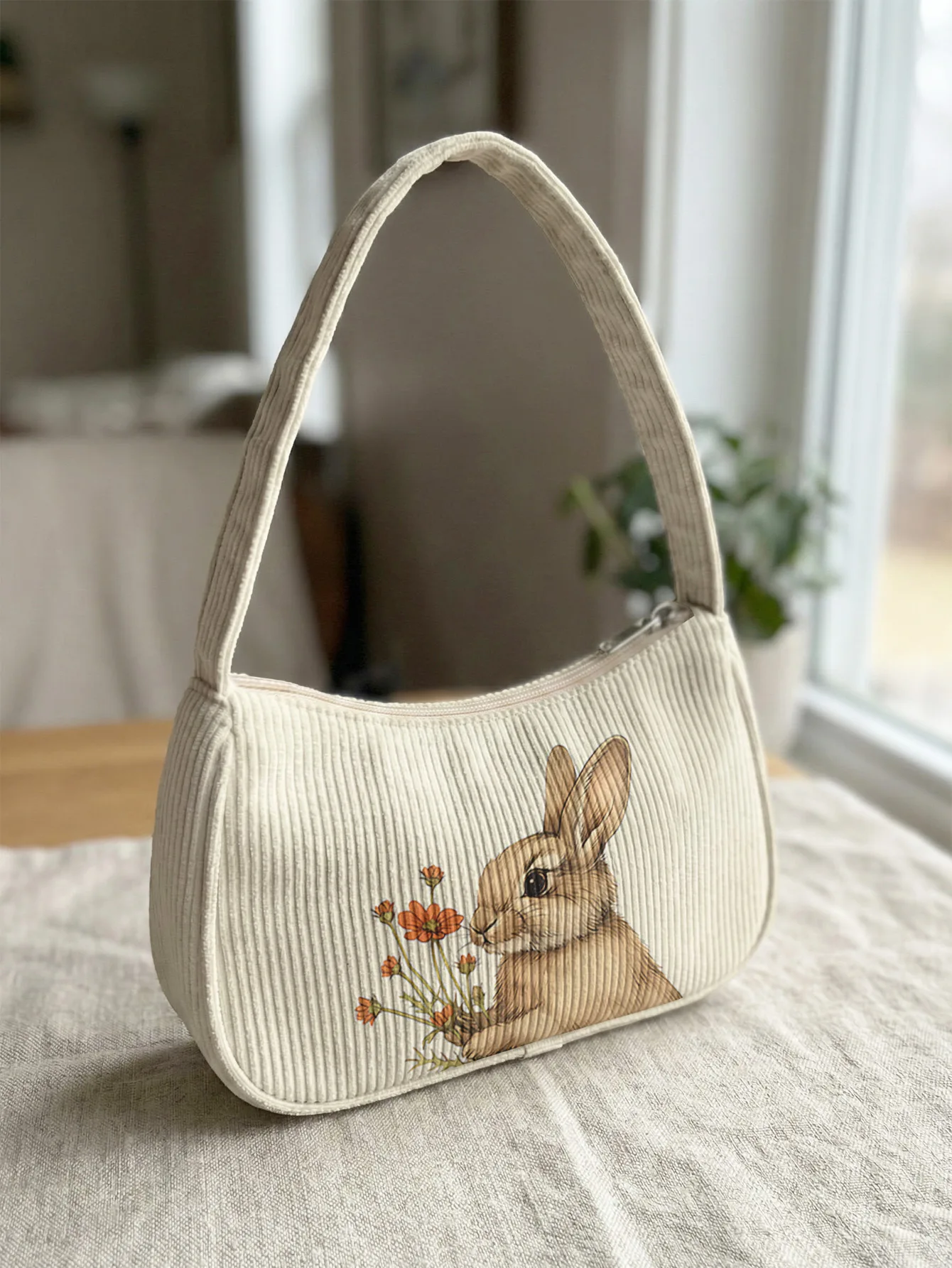

Trendy Cozy Bunny & Wildflower Print Shoulder Bag, Warm Beige Corduroy Underarm Bag