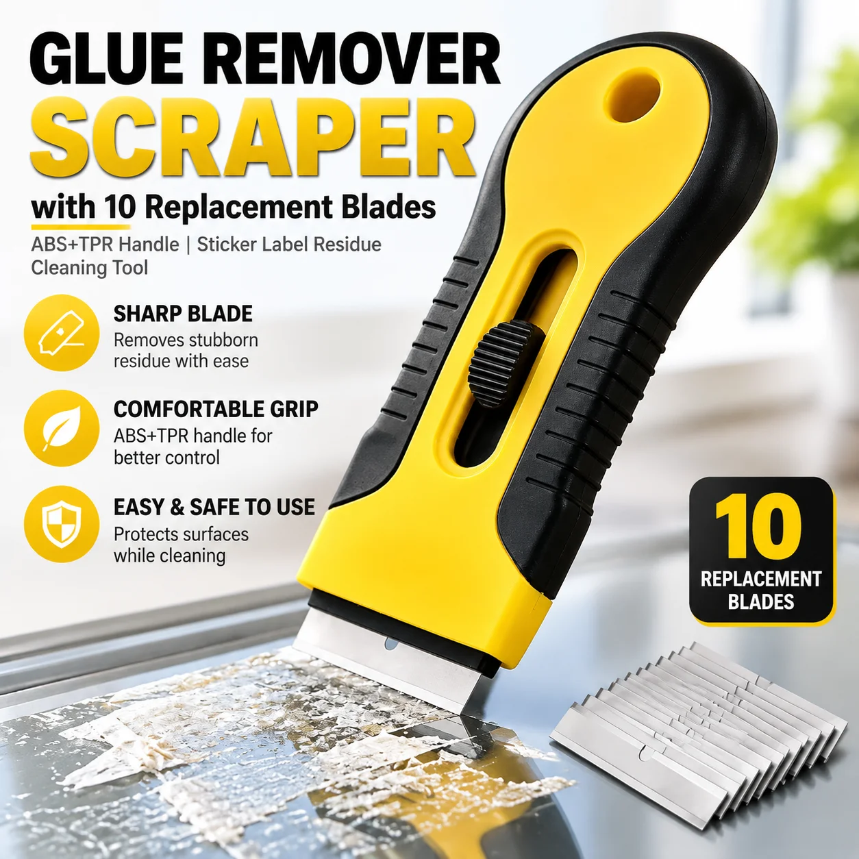 Glue Remover Scraper with 10 Replacement Blades ABS+TPR Handle Sticker Label Residue Cleaning Tool