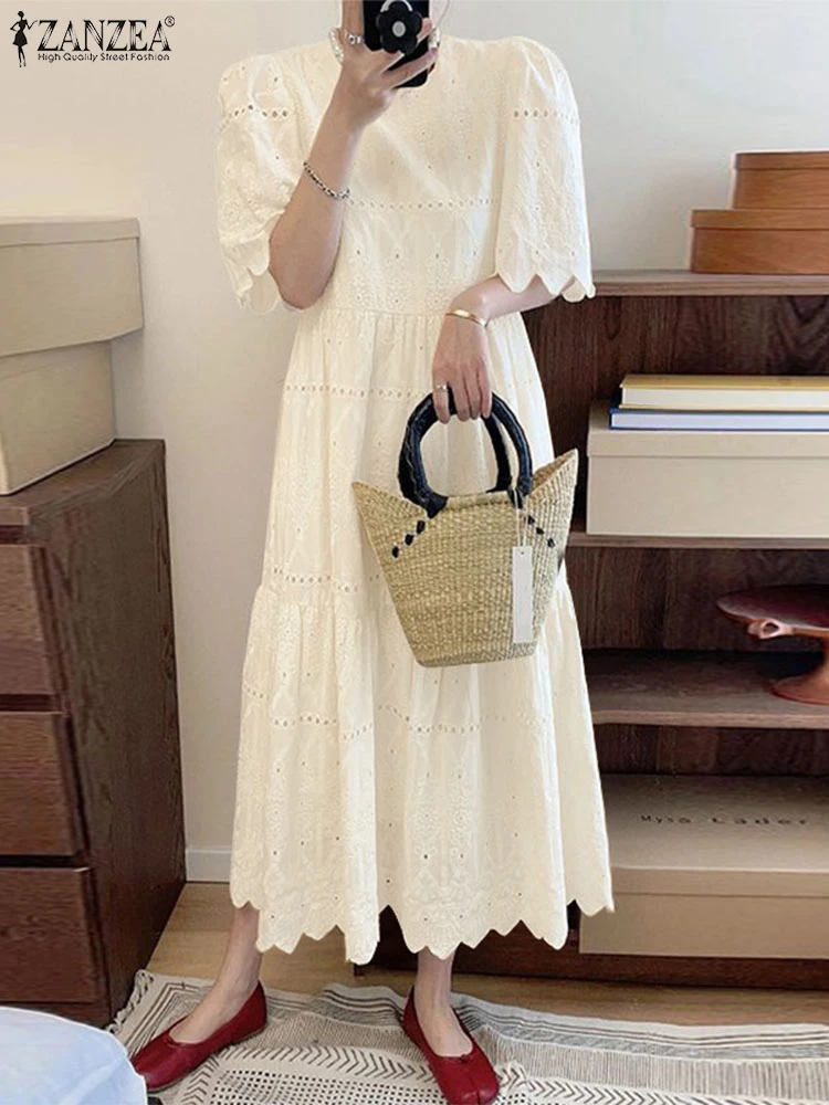 ZANZEA Stylish Summer Dress Women Elegant Casual Holiday Party Dresses Embroidery Sundress Bohemain O Neck Short Sleeve Vestidos