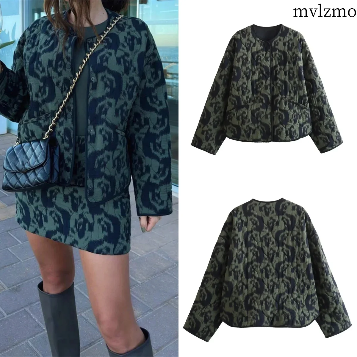 Women Vintage O Neck Graffiti Print Casual Cotton Padded Quilted Jacket Coat Female Outerwear Chic Buttons Tops