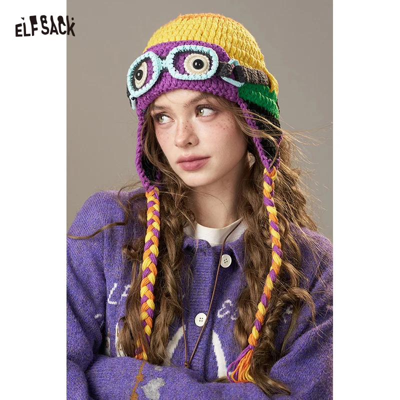 ELFSACK 2025 Winter New Arrivals Color-Blocked Crocheted Goggles-adorned Ear-flap Beanie For Woman
