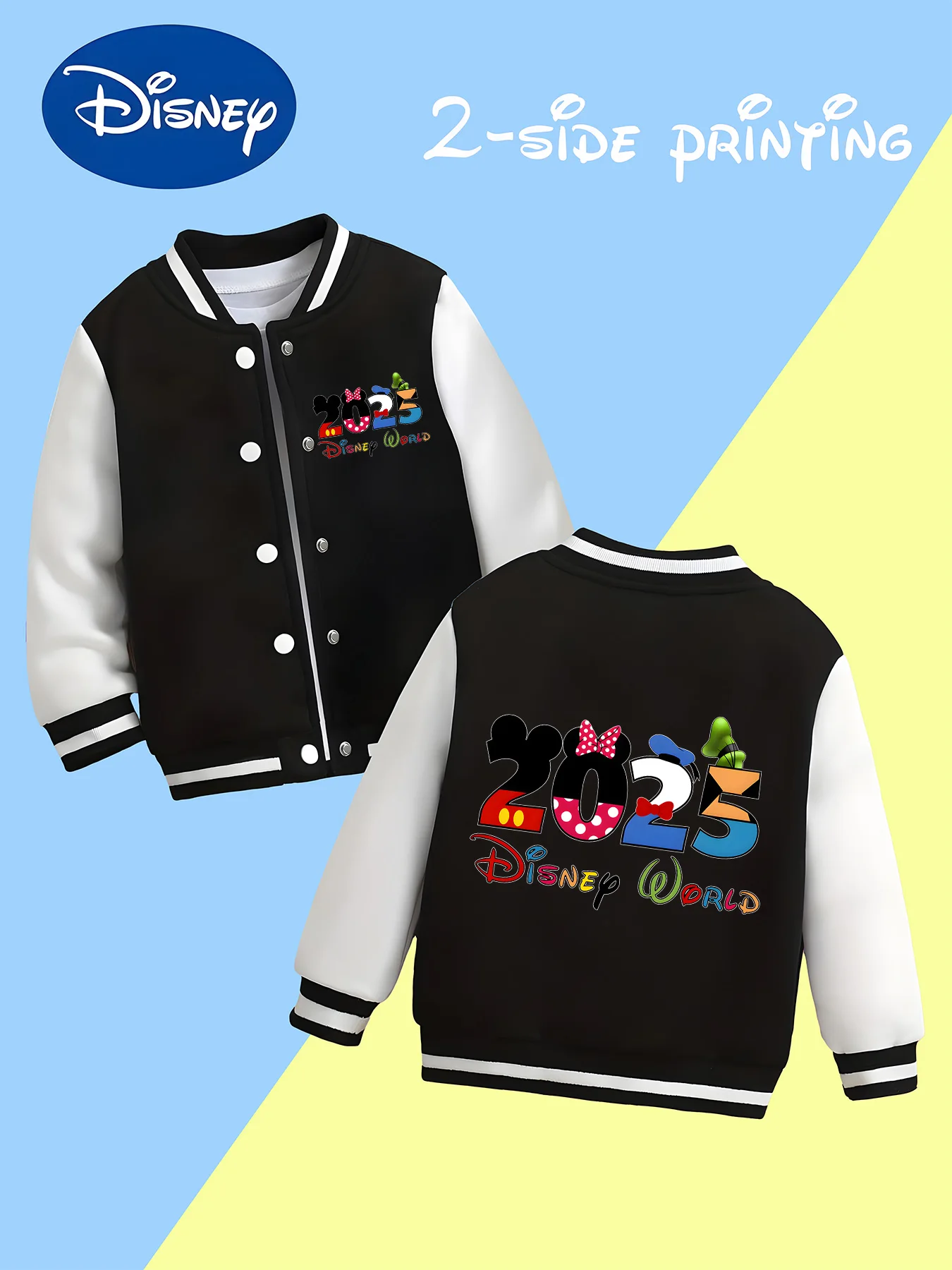 

MINISO Disney Boys' Baseball Jacket - 2025 Disney World Theme, Colorful Numbers on Back, Trendy Outerwear for School