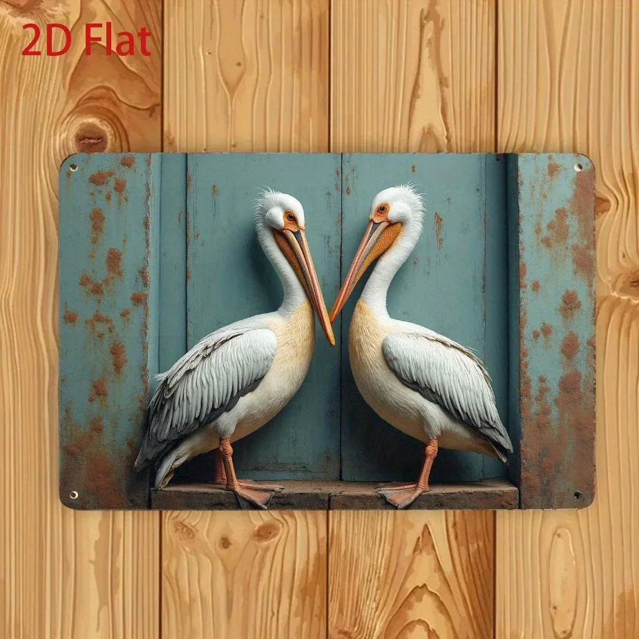 2D Flat, 1pc Pelican Iron Wall Art, 12×8 Inches - Unique Metal Sign Featuring A Pair Of Birds, 2D Flat Decor For Home, Cafes, An
