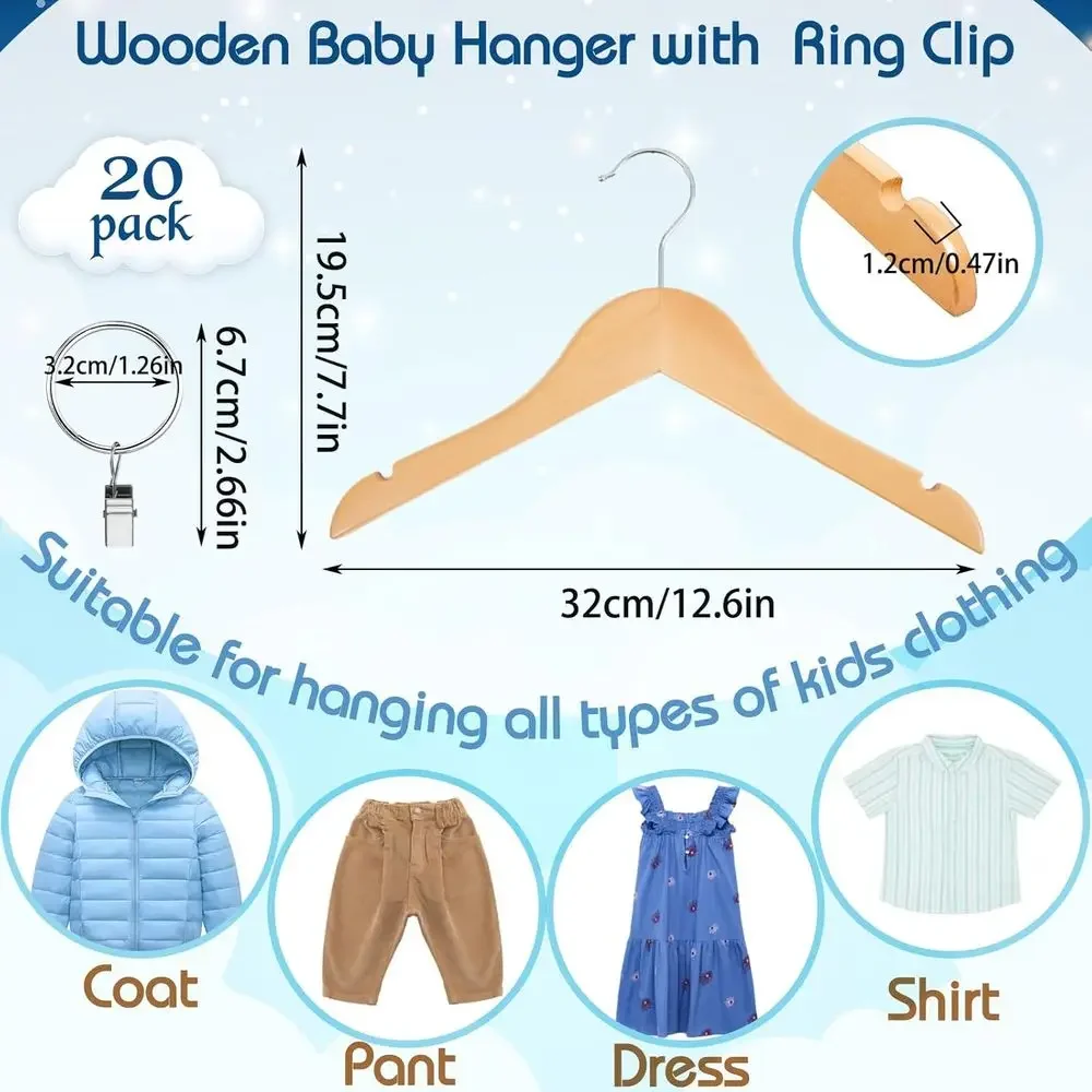 20 عبوة من شماعات الأطفال الخشبية مع مشابك معدنية، 12.6 شماعات معطف بخطاف دوار لملابس الأطفال