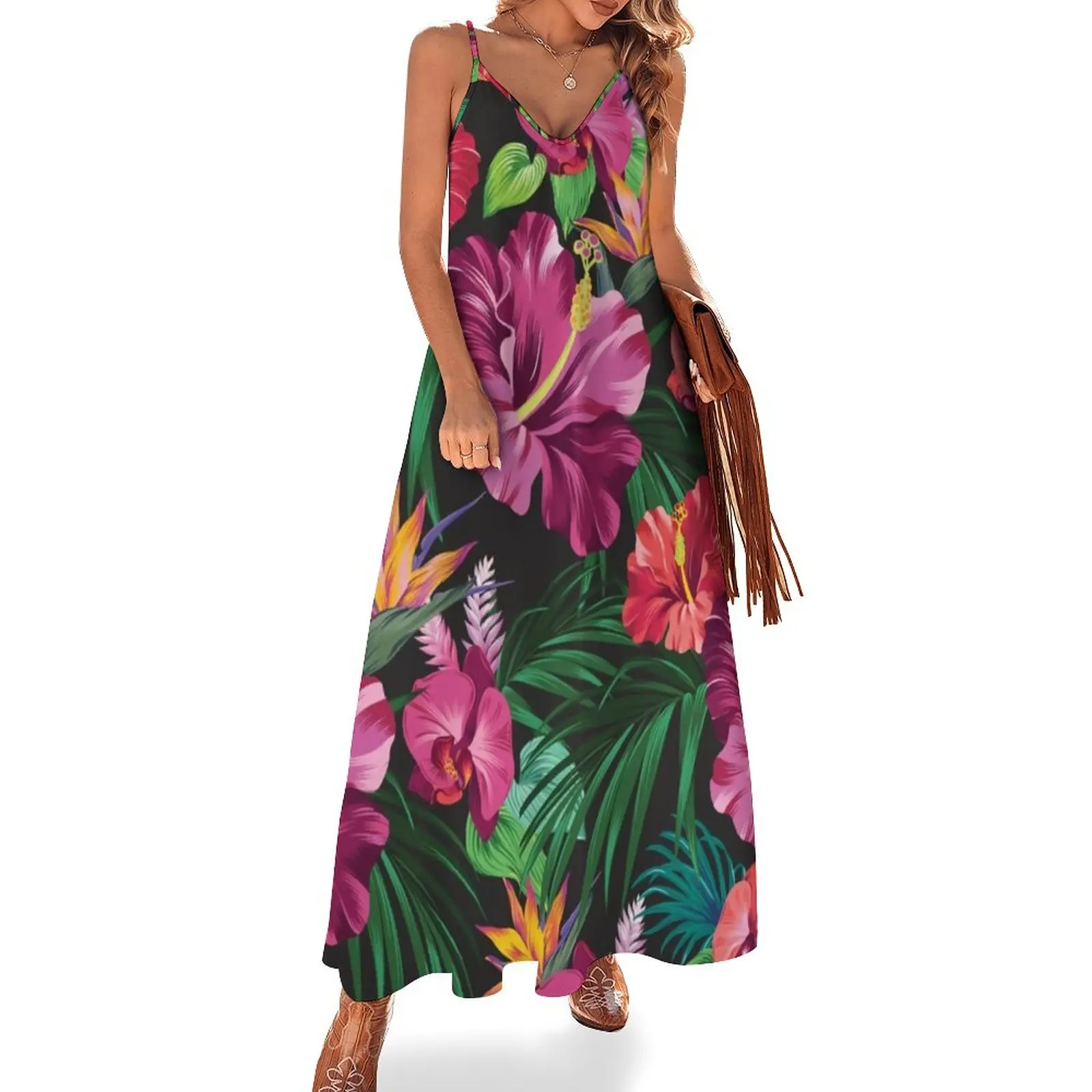 Juicy Tropical Dress Floral Leaves Print Night Club Maxi Dress Street Wear Boho Beach Long Dresses Straps Pattern Large Size 5XL