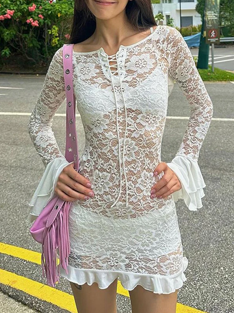 See Through Sexy Tie Up Bandage Party Club Y2K Lace Dress Women Summer Flare Long Sleeve Bodycon Mini Dresses Outfits Streetwear