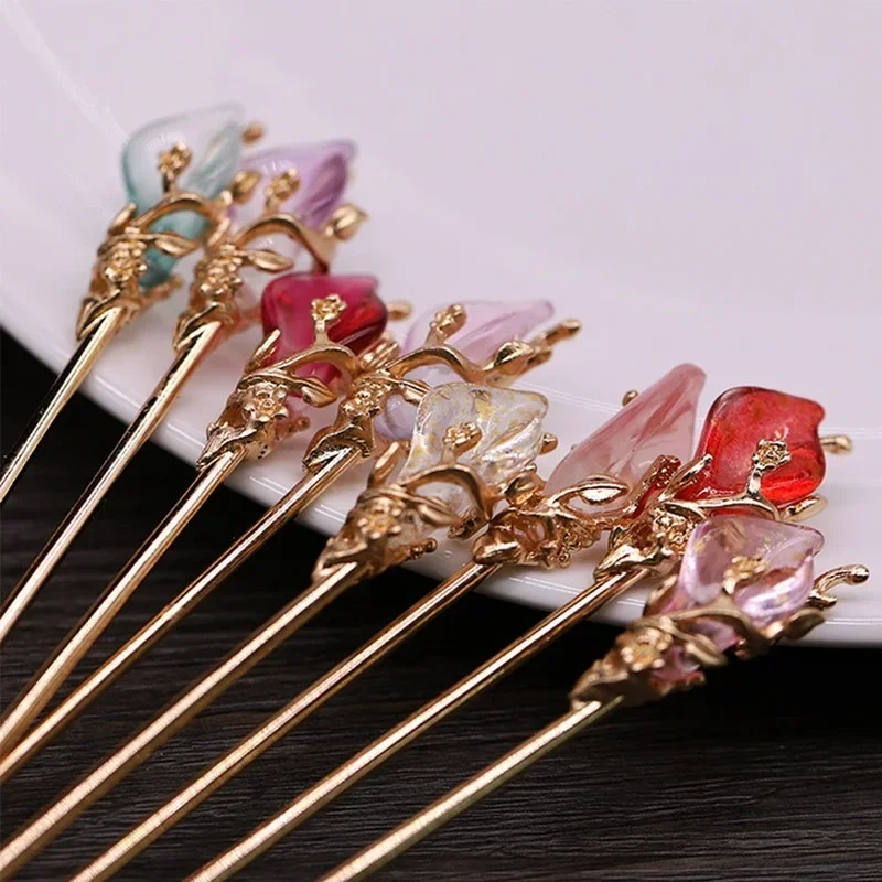 Vintage Chinese Style Hanfu Hair Stick Women Metal Glaze Hair Fork Chopsticks Hairpin Woman Jewelry Hair Clip Accessories