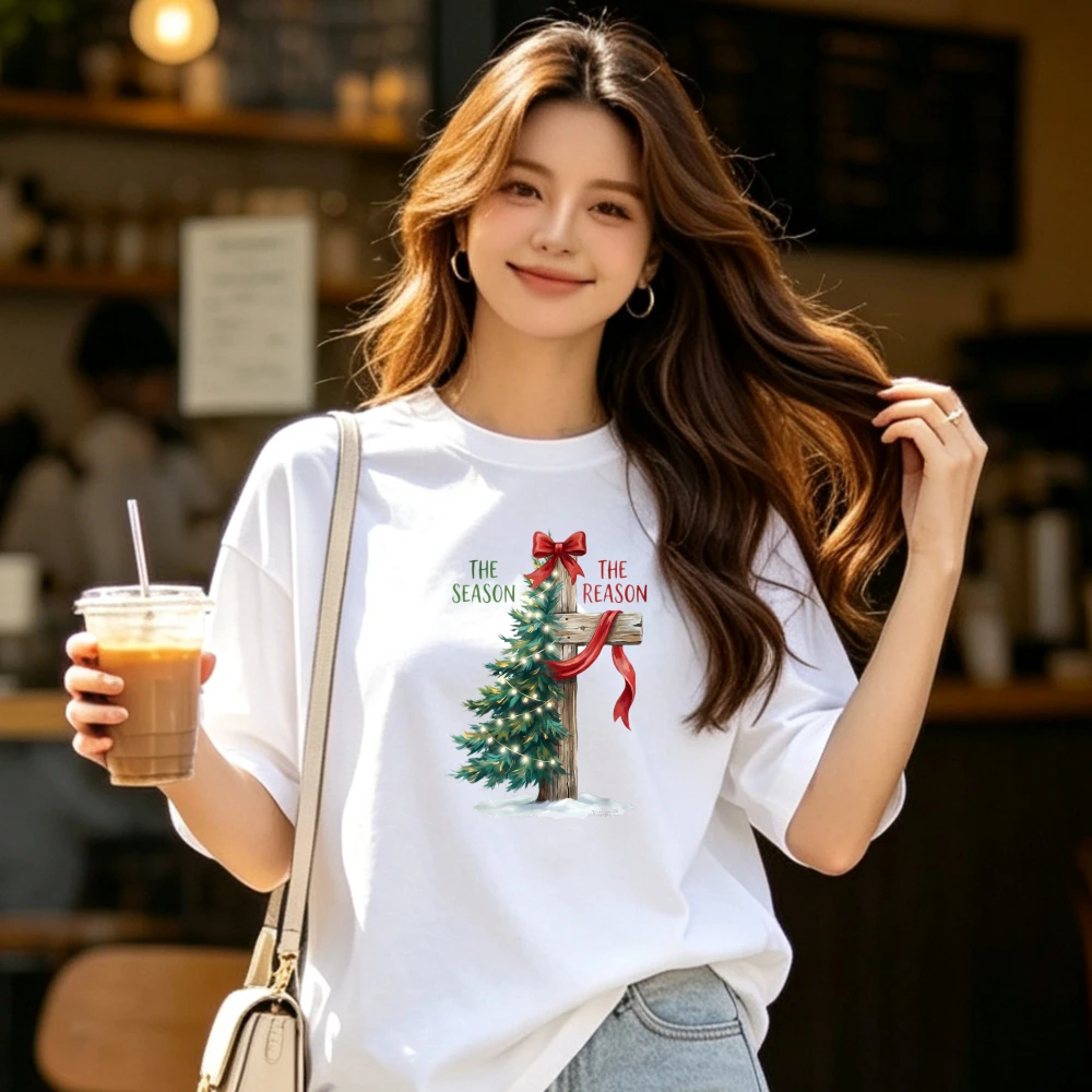 Christmas Tree The Season Cross The Reason Xmas Tshirt Graphic Print Round Neck Short Sleeve Tee Casual Streetwear Women Clothes