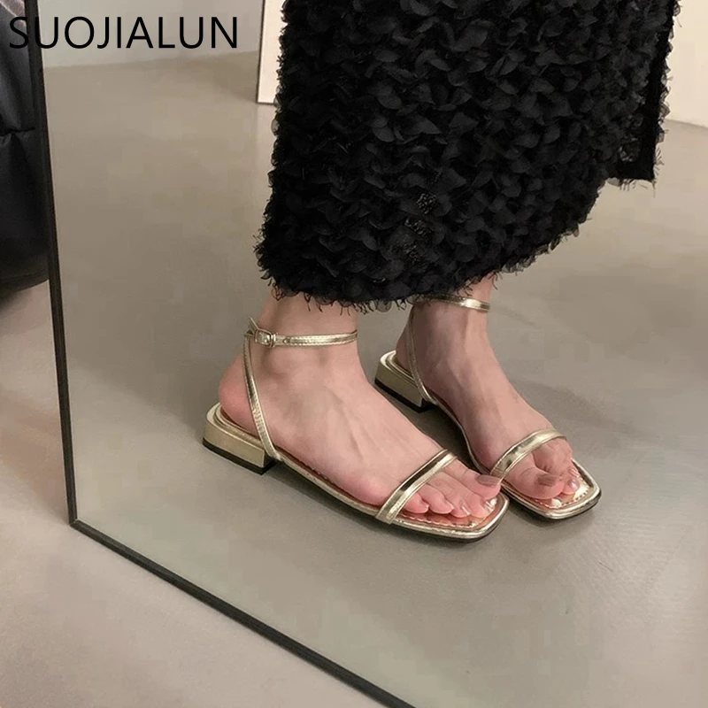 SUOJIALUN 2024 Summer Women Slipper Fashion Narrow Band Ladies Casual Sandal Shoes Square Low Heel Outdoor Dress Gladiator Shoes