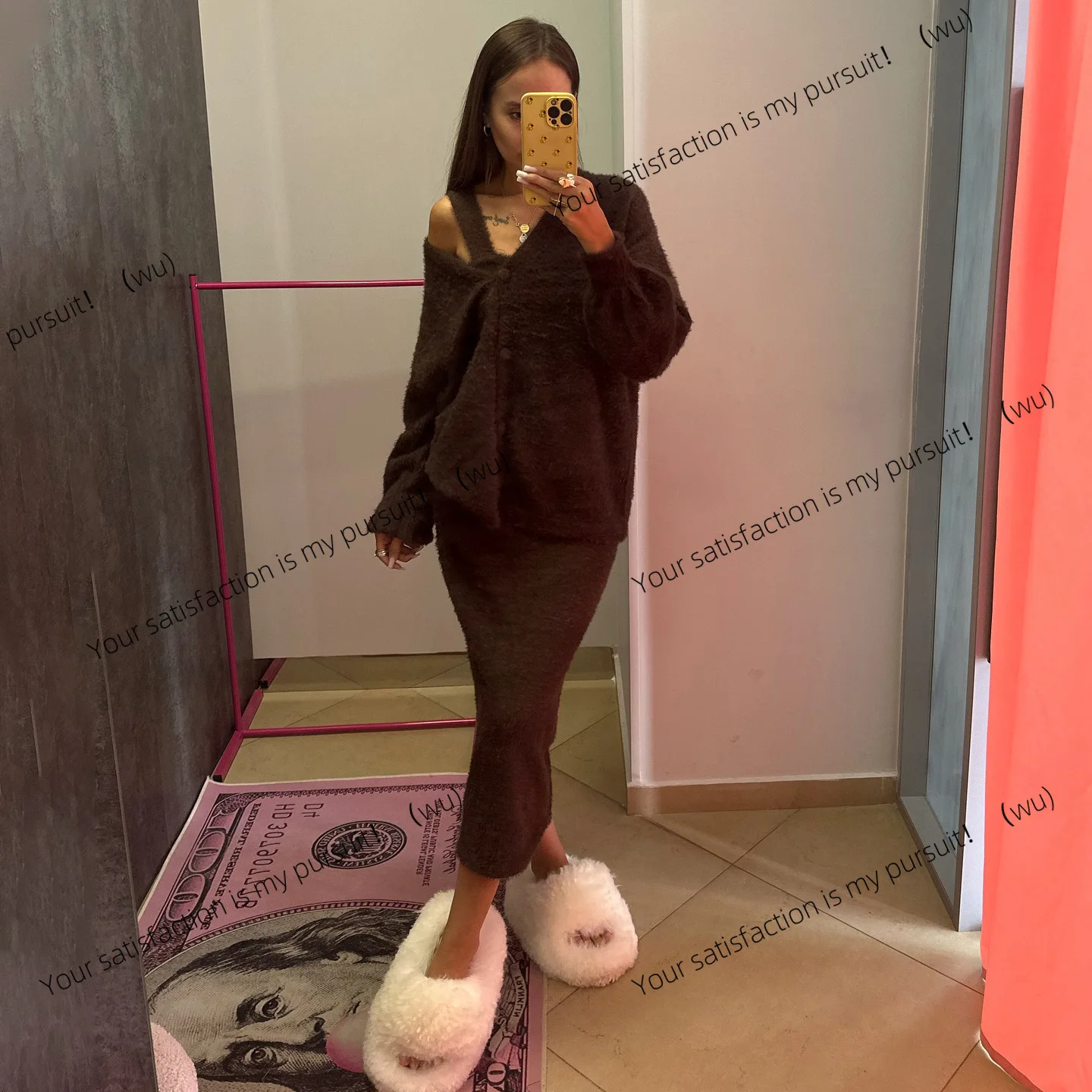 

seahorse hair knitted suspender skirt + long-sleeved single-row button-up jacket two-piece set, female slim and thin, lazy style