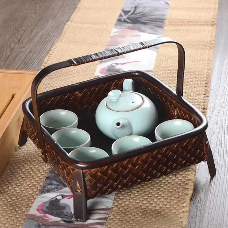 Bamboo Woven Storage Basket, Hand-Made Retro Bamboo Woven Retro Dried Fruit Tea Set Box,Kitchen Interior,Household Items