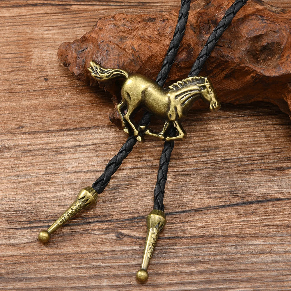 2026 Horse Head Western Vintage Bolo Tie for Men - Cow Skull Design Cowboy Tie - Black Leather Bolo Necktie Necklace