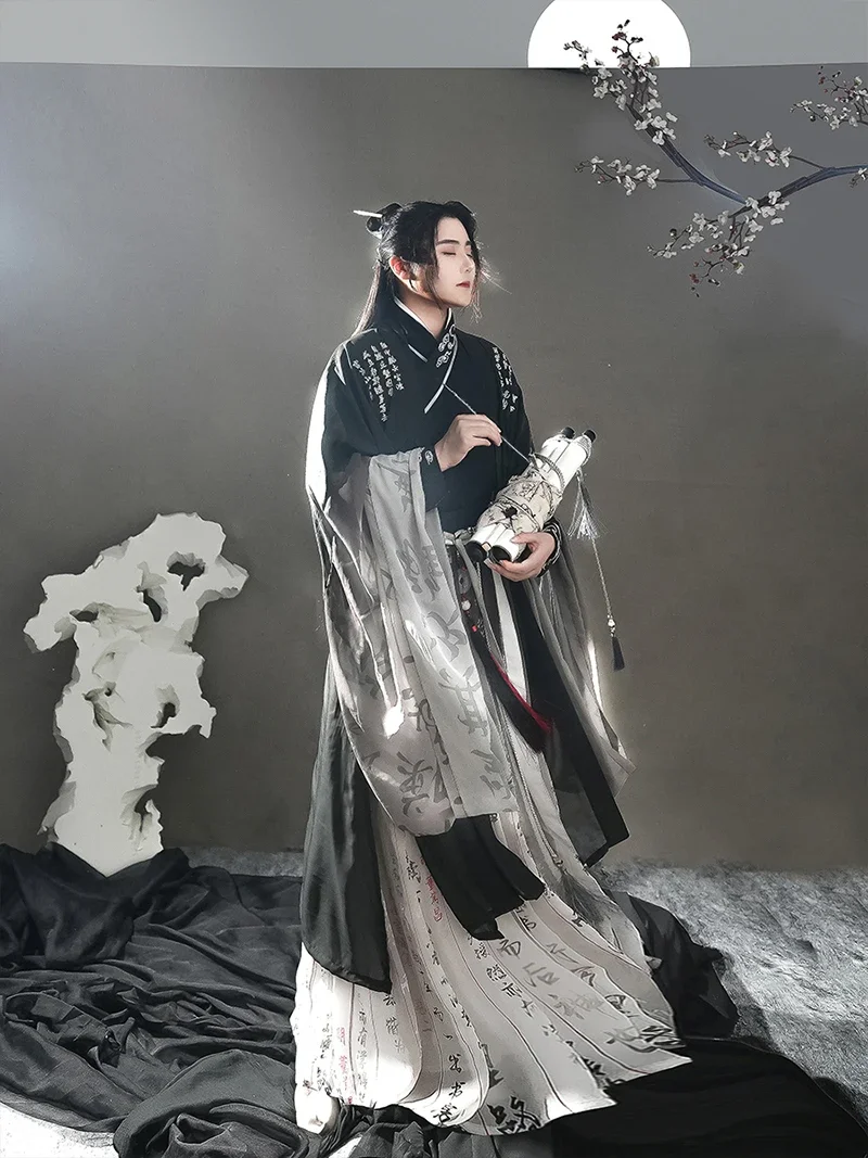 Hanfu traditionnel chinois pour hommes, robe noire dégradée d'encre, costume de cosplay masculin, robe respirante Hanfu pour hommes, grande taille 3XL