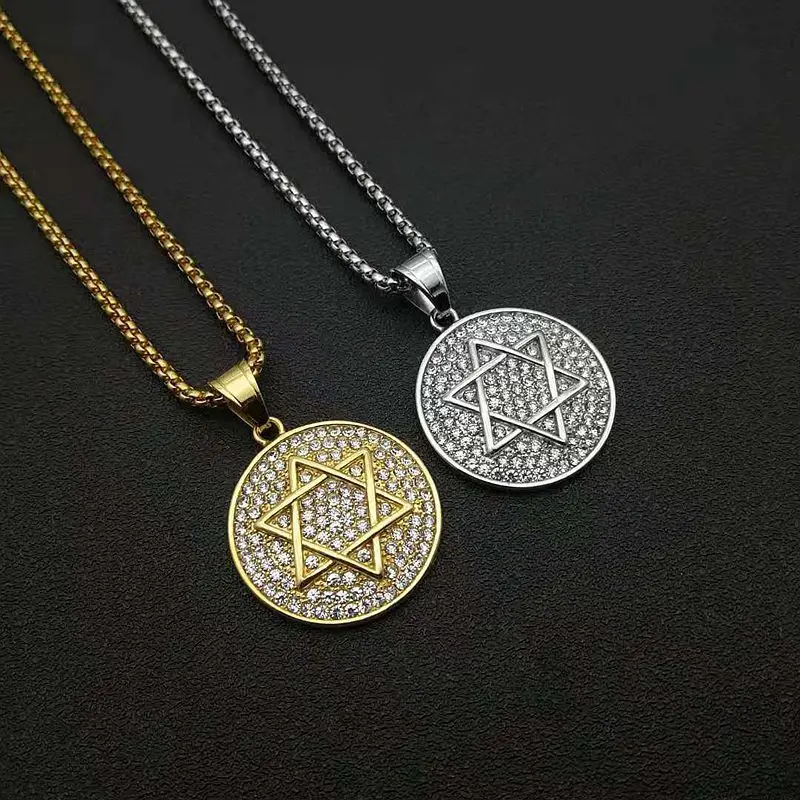 Trend Hexagram Star of David Round Medal Pendant Necklace for Men Women Hip Hop Rock Party Jewelry