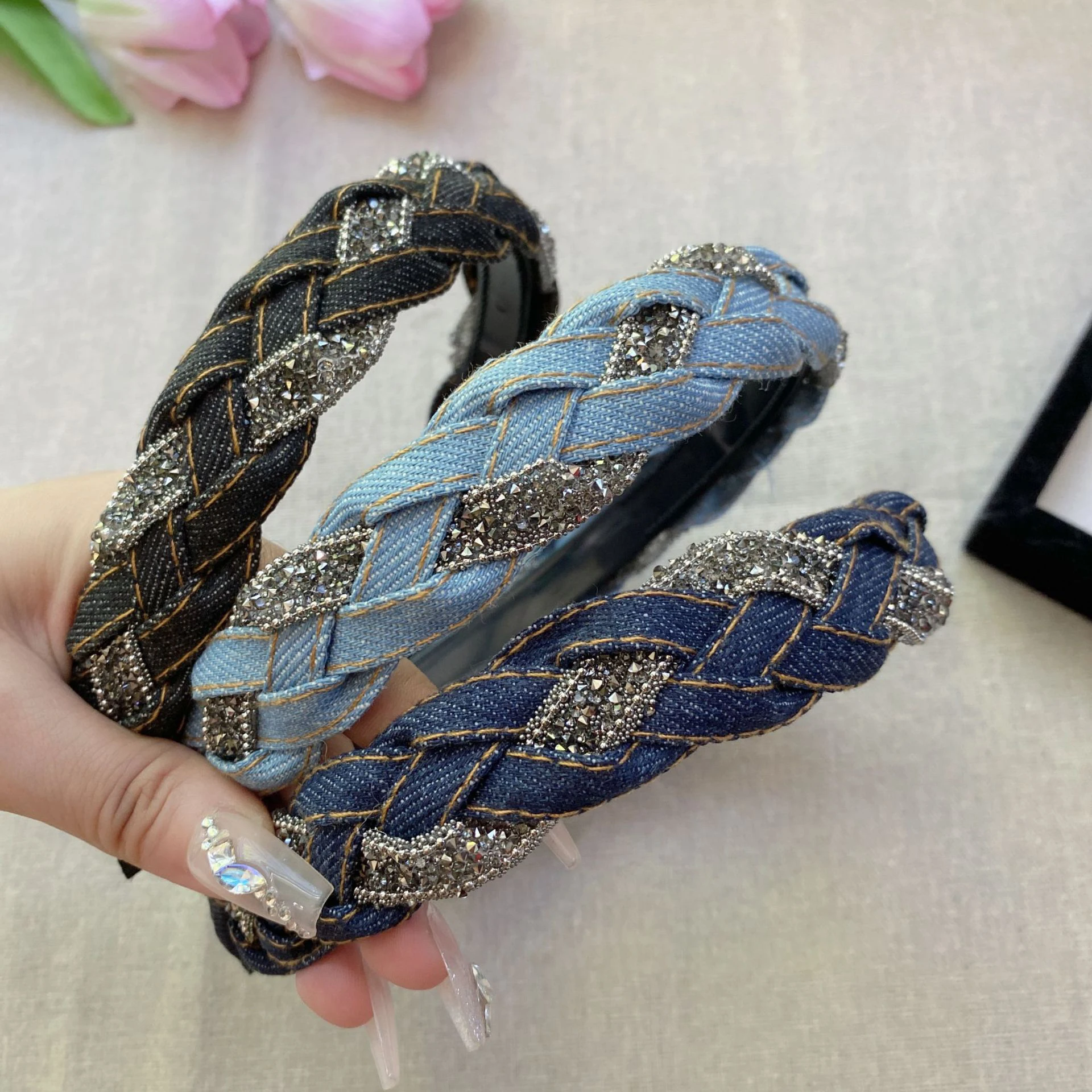 

Vintage Denim Braid Hairbands for Women Rhinestone Twist Headband Korean Girls Hair Hoop Lady Sparkle Hair Accessories