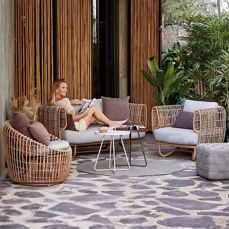 Outdoor Sofa Double Rattan Hotel Courtyard Waterproof Sun Protection Guest House Leisure Rattan Chair Coffee Table Set
