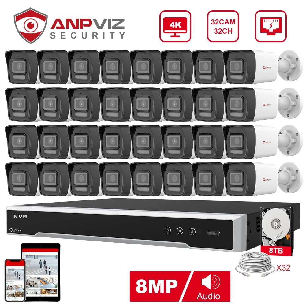 

Anpviz 32CH 4K NVR 8MP POE IP Customized Camera Plug&Play System CCTV Outdoor Security Surveillance Kit Remote View H.265 IR 30m