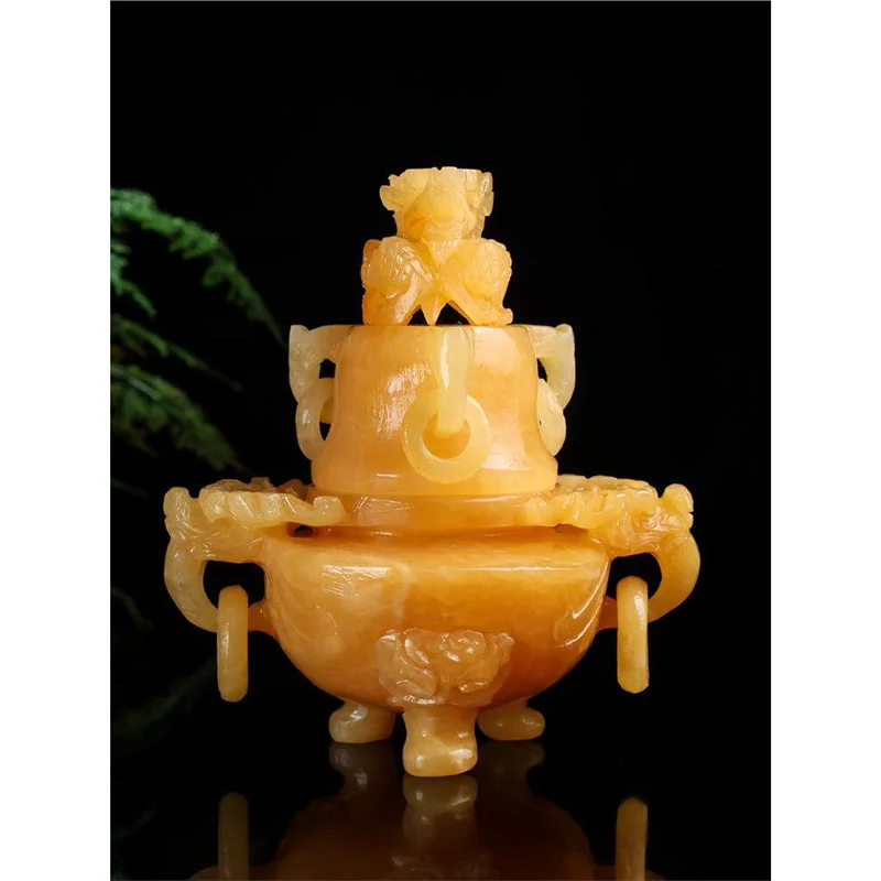 Natural beige jade incense burner, jade flower incense burner with hollow carving, three-legged tripod, home entrance table deco