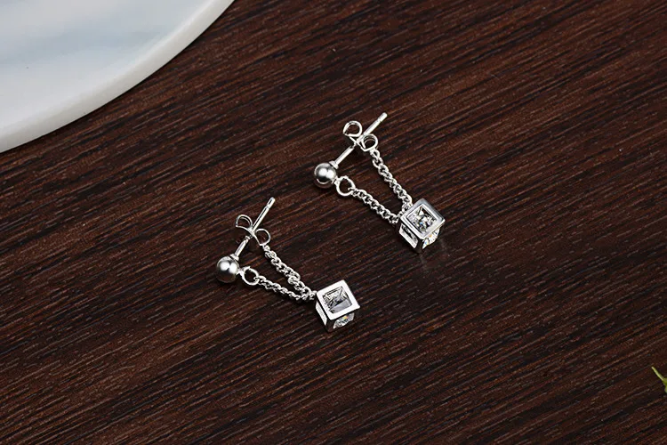 Simple Elegant 925 Silver Cube Love Window Zircon Tassel Sugar Drop Earrings for Women Sterling Brincos Oorbellen Best Gift