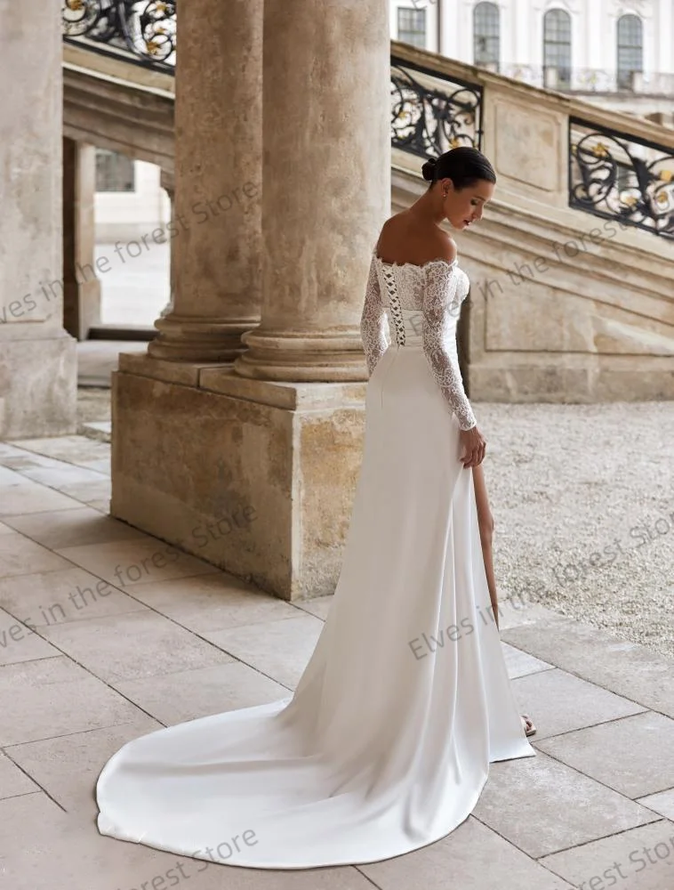 Elegante abito da sposa a sirena per donna con spalle scoperte e maniche lunghe in pizzo, abito da sposa personalizzato con spacco alto, abiti da sposa
