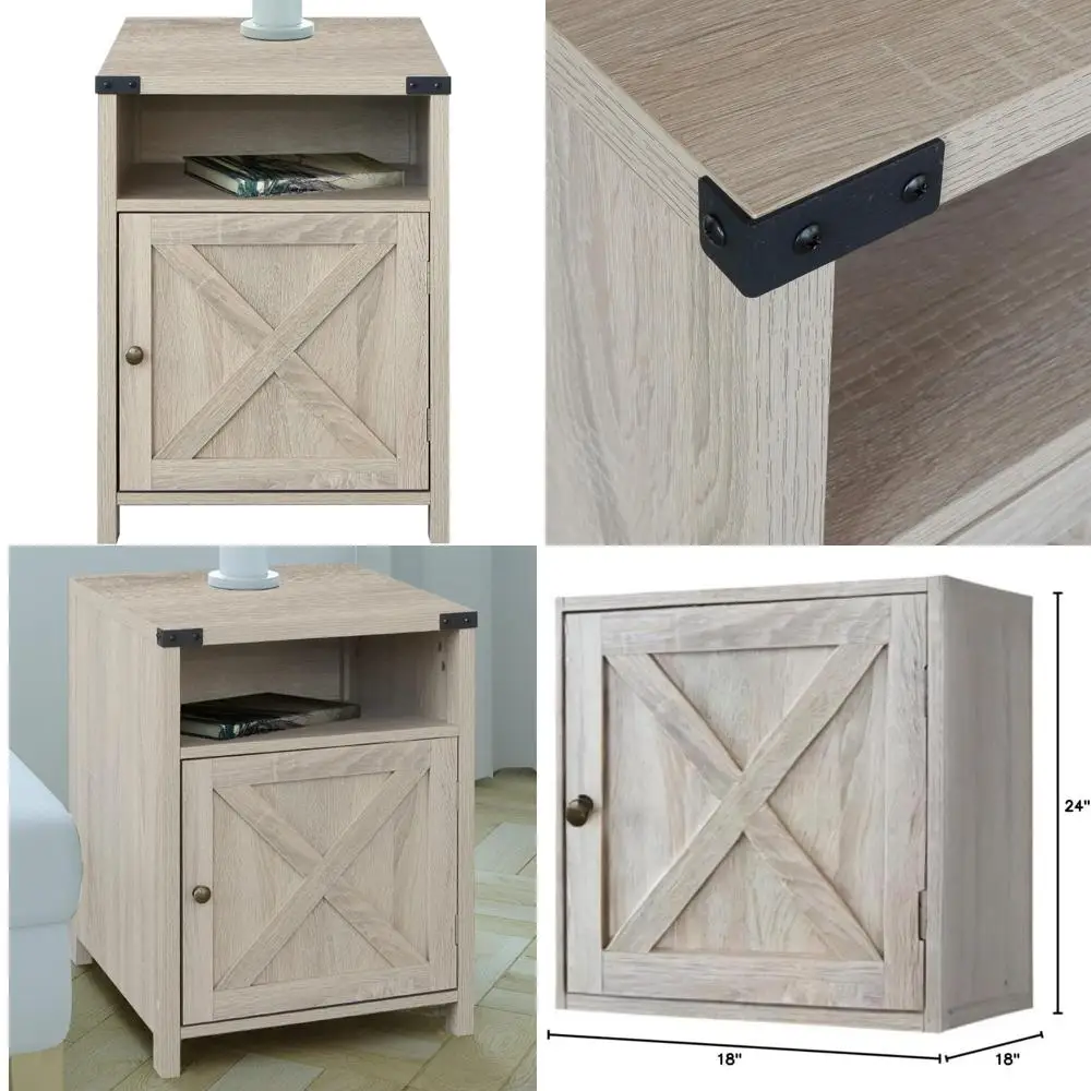 

Farmhouse Style Bedside Table with Cabinet and Shelves, 18 x 18 x 24, White Oak Finish