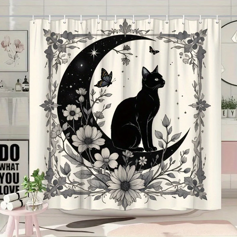 Mystical Black Cat on Crescent Moon Shower Curtain - Water-Resistant Fabric for Bathroom - Ideal for Gothic