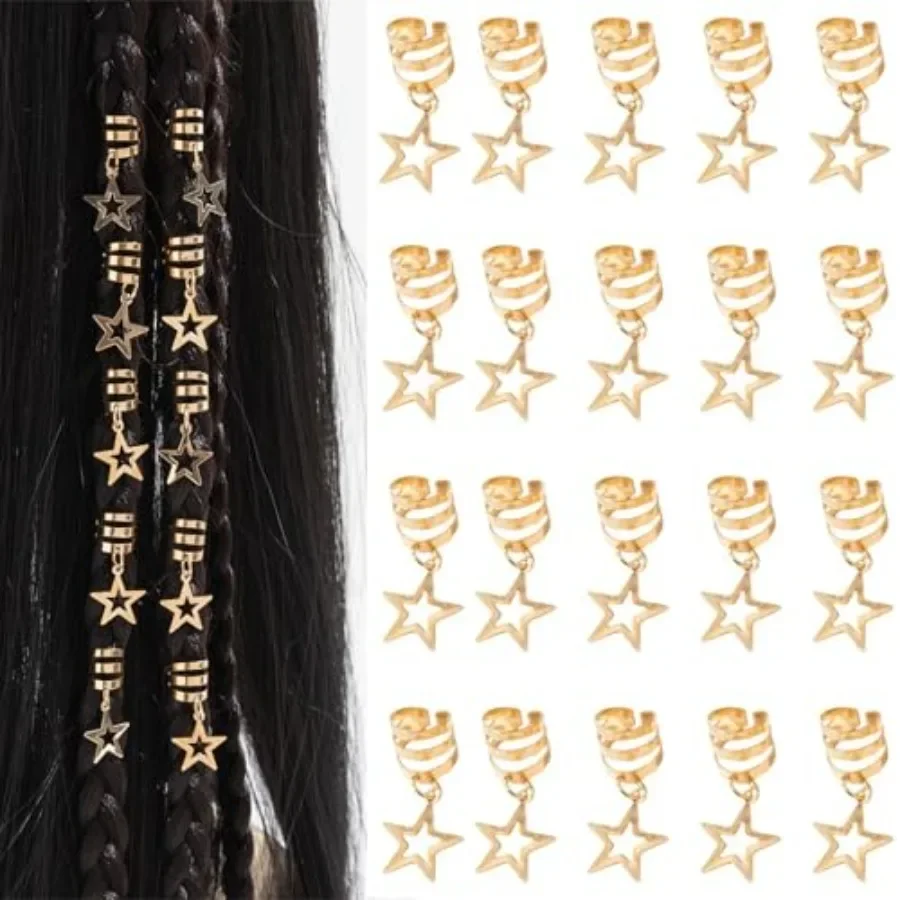 

20 Pcs Hollow Star Hair Cuffs Hair Braid Clips for Dreadlocks Twists Braids Jewelry Beads Pendants Accessories